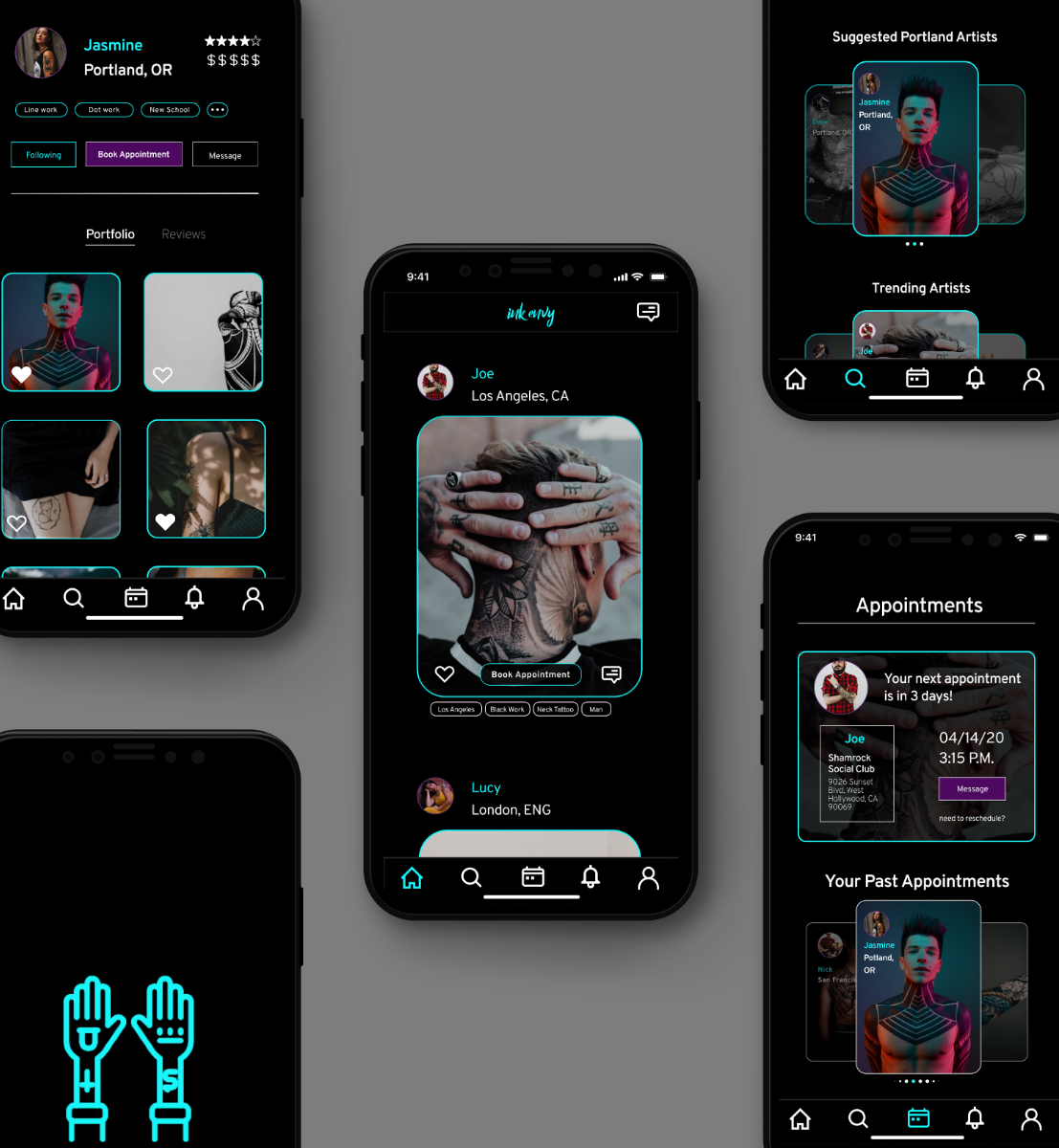 Five of the final screens of InkEnvy. From top left to bottom right - Profile Page, Splash Screen, NewsFeed, Discover Page, Appointments Page.