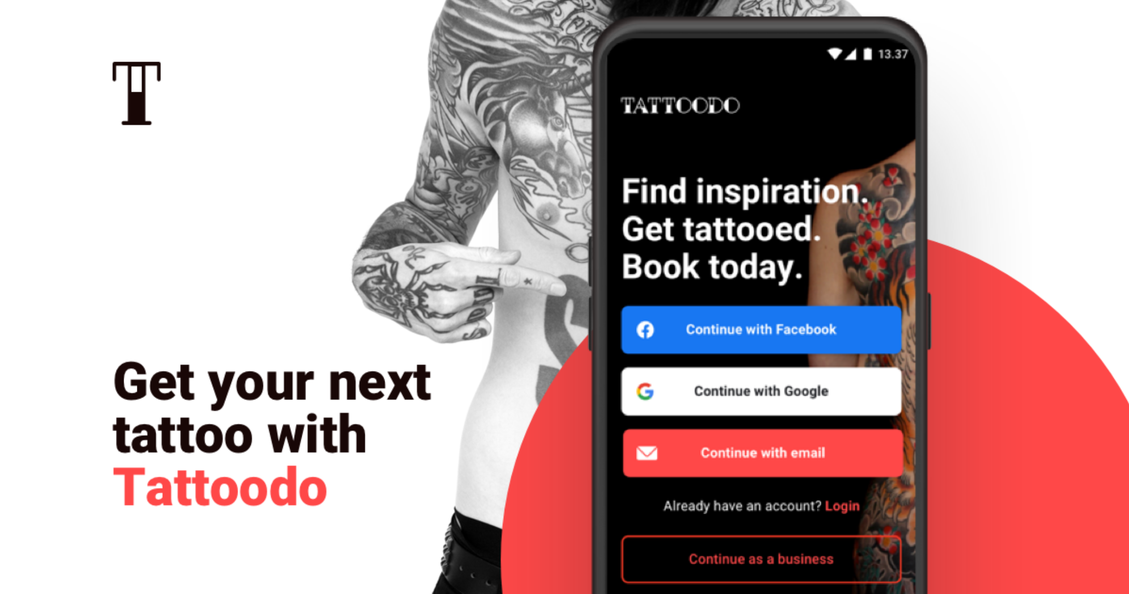 Marketing page for Tattoodo showing their App's sign up page.